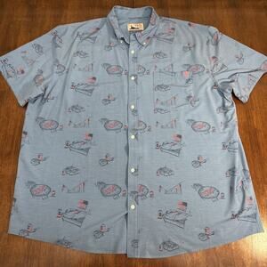 Huk Fishing Button Up Shirt American Flag Stretch Short Sleeve Men's 3XL Blue